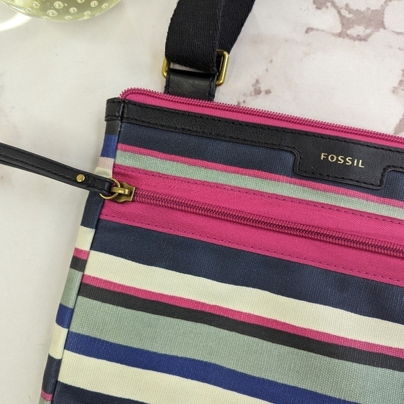 Fossil Eliza Black Multi Stripe Crossbody Messenger Bag Purse Pink Dots Stripes - Picture 4 of 16